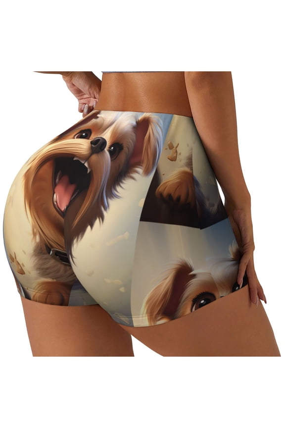 Cartoon Happy Cute Puppy Printed Power Workout Shorts for Women Tummy Control Squat Proof Ribbed Thick Seamless Scrunch Active Short-Large
