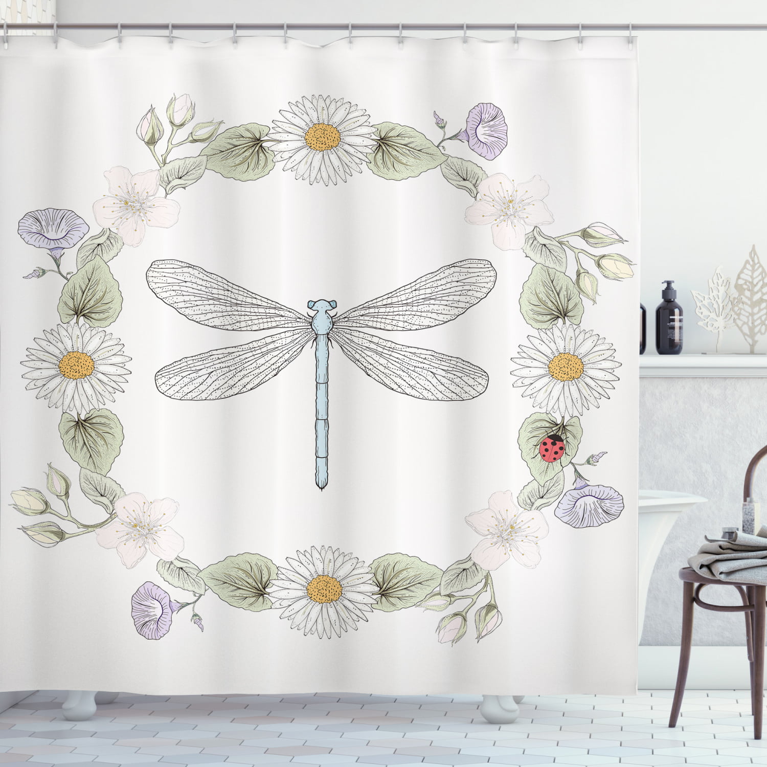 Bathroom Waterpoof Fabric Shower Curtain & 12 Hooks Vintage Background Dragonfly 