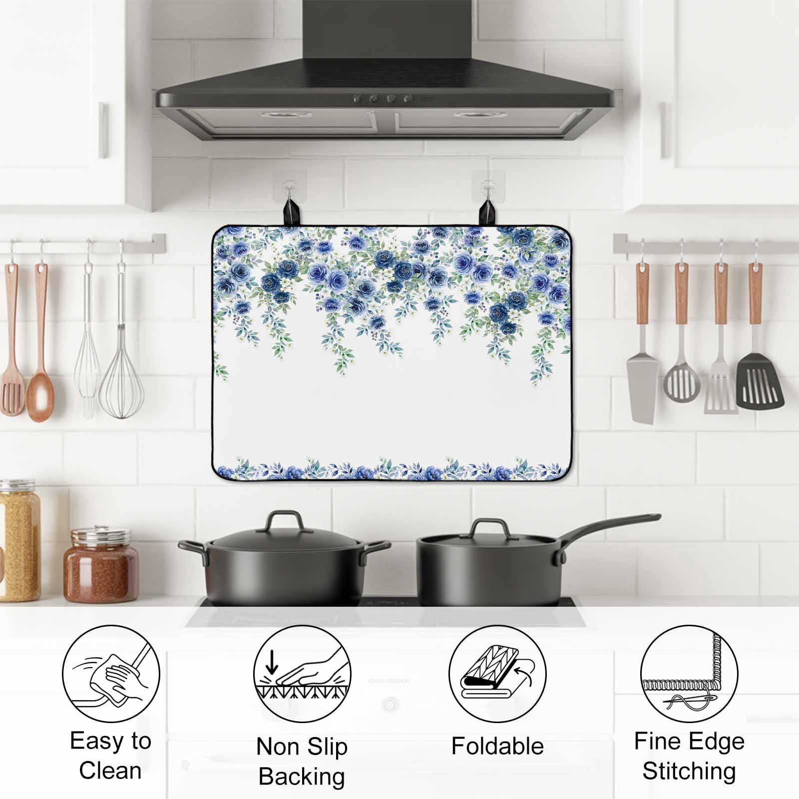 Blue Roses Stove Top Cover for Electric Stove, Heat-proof & Non Slip Glass Top Stove Cover Protector, Spring Floral Elegant Pastoral Flowers Botanical Kitchen Flat Cooktop Rubber Mat 24x21 Inches