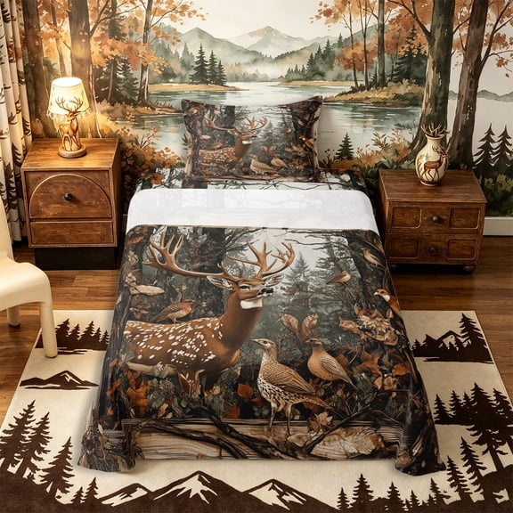 Castle Fairy Rustic Woodland Spotted Deer Twin Sheets 3pcs for Teens,Natural Forest Bird Bedding,Brown Green,1 Fitted Sheet, 1 Flat Sheet and 1 Pillowcase