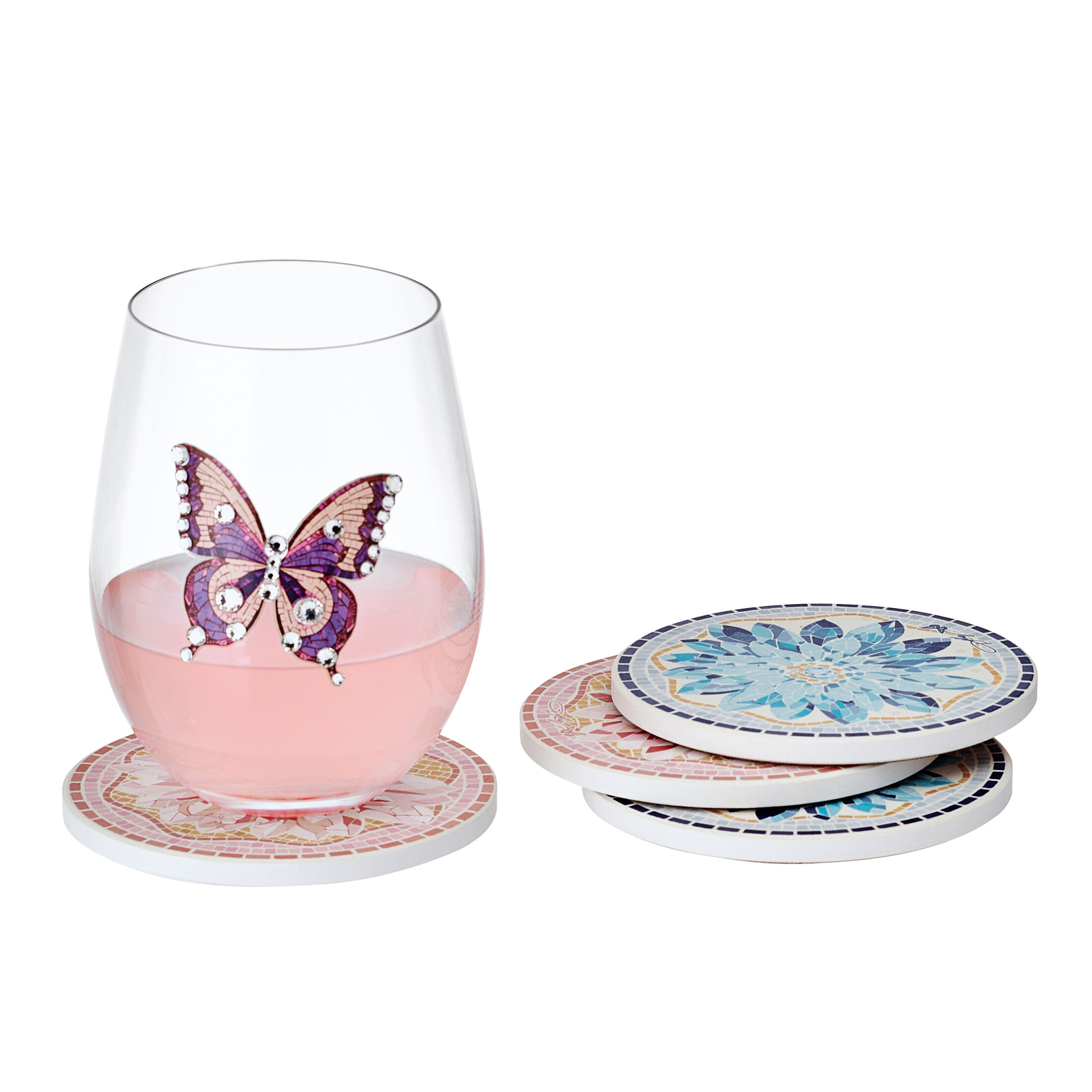 Dolly Parton 8.5 in Blue Red Mosaic Flower Ceramic Coasters