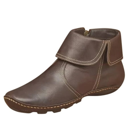 Puntoco Women S Winter Boots Clearance Womens Flats Non-Slip Leather Zipper Round Toe Shoes Ankle Boots Coffee