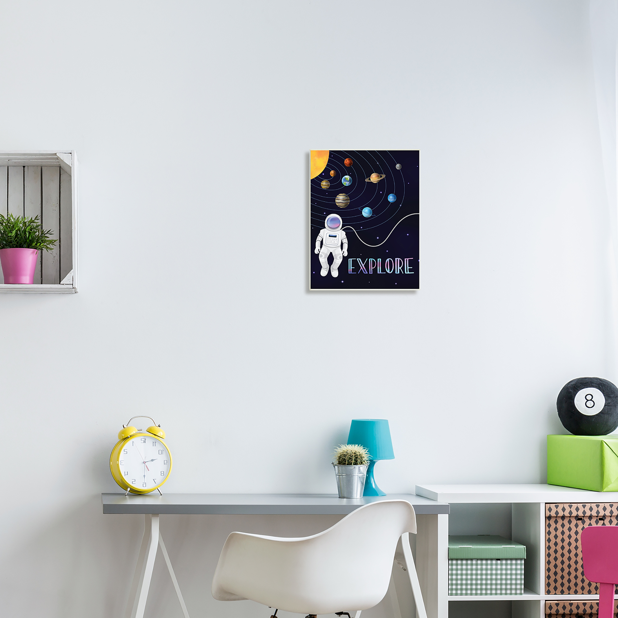 Stupell Industries Explore Outer Space Adventure Astronaut Among Planets Graphic Art Unframed Art Print Wall Art, Design by Linda Birtel