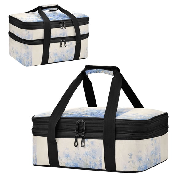 Large Double Decker Insulated Casserole Carrier Expandable 2-Layer Thermal Food Tote Bag Dreamy Blue Florals Pattern Hot Cold Pizza Lasagna Holder for Potluck Picnic Party Camping