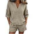 thumbnail image 3 of Women's Cotton Elastic Waist Two Piece Outfit V Neck Ruffle Short Sleeve Top with Shorts, Solid Casual Summer Set, Lounge Maternity Activewear Shorts | VerBelle,Khaki L, 3 of 8