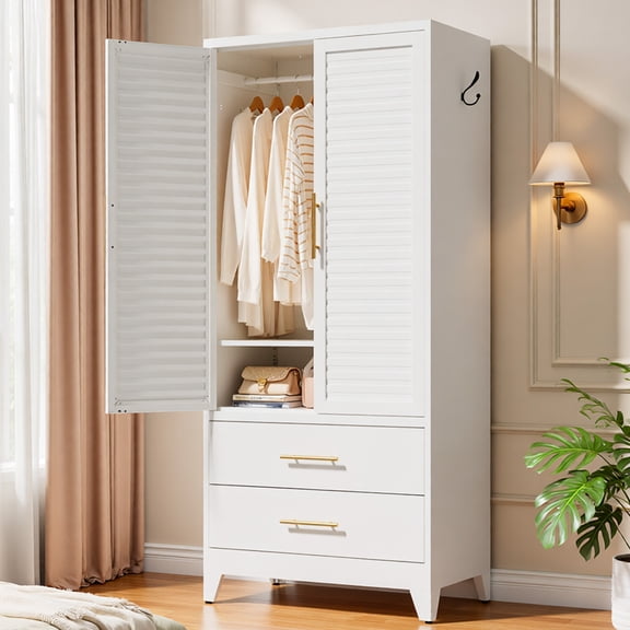 Glyxxen Metal Armoire Wardrobe Cabinet with 2 Drawers, 71" Steel Freestanding Clothing Storage Cabinet with Hanging Rod and Adjustable Shelves for Bedroom, Living Room, Entryway, White