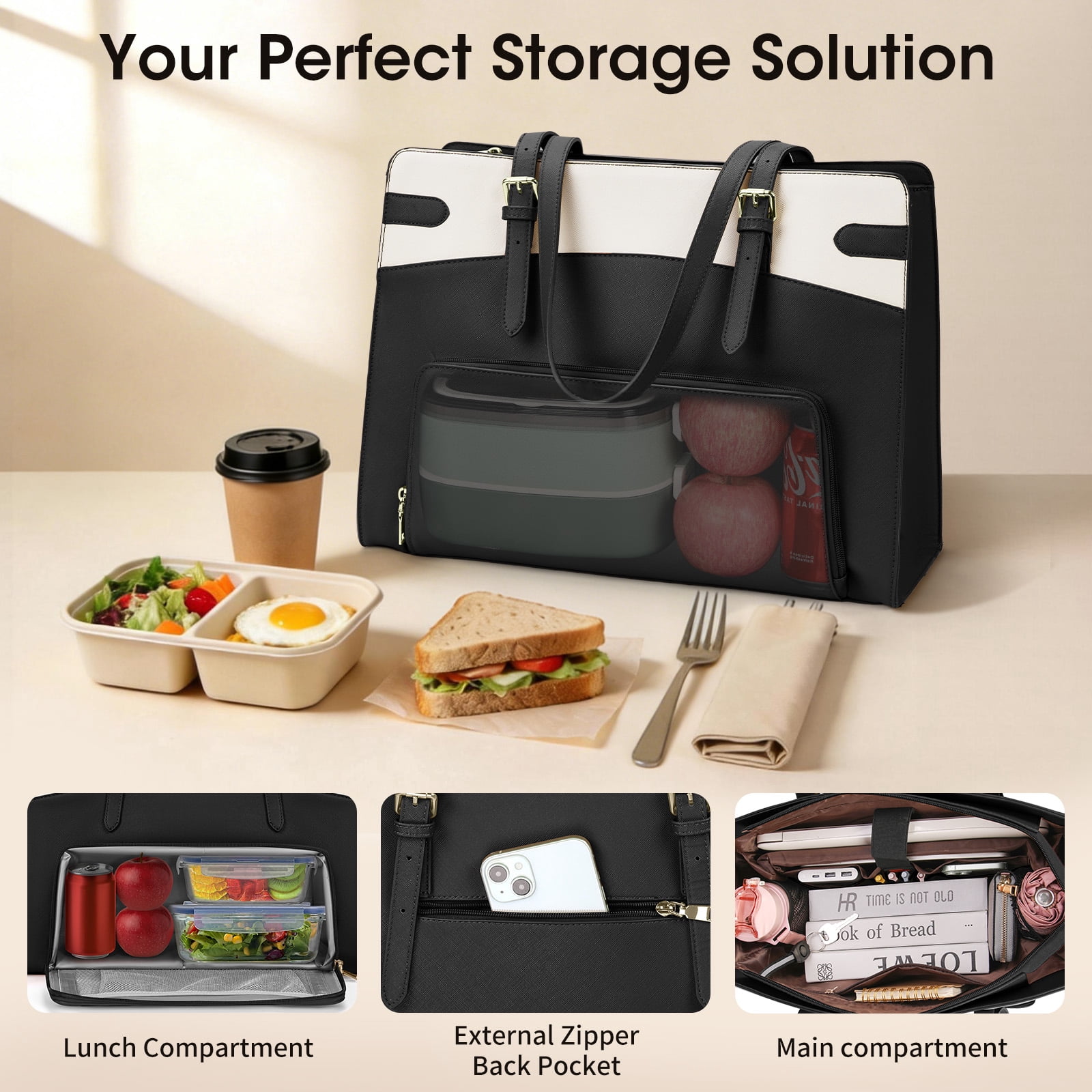 RAINSMORE 15.6 inch Lunch Tote Bag for Women Laptop Bags with Insulated Lunch Compartment Teacher Work Bag for Office Travel,BlackWhite