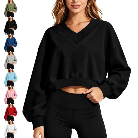 TGSLY Women's Cropped Sweatshirts Lightweight V Neck Balloon Long Sleeve Tops Oversized Casual Solid Color Crop Pullovers L