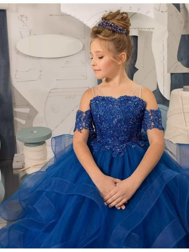 Long Dresses Lace Applique Pageant Dresses for Girls Poofy Flower Girl Dress for Wedding Toddler Ball Gown
