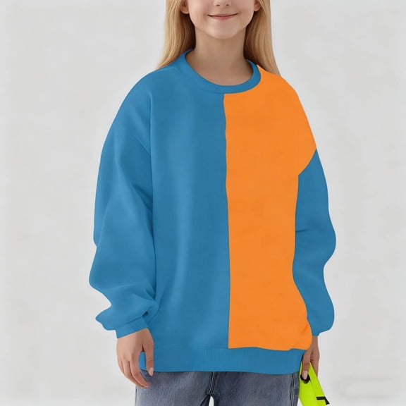 BXJX Kids Color Block Fleece Pullover- Fashion Boys Girl Winter Loose Casual Crewneck Sweatshirt Blue Size 7 Years