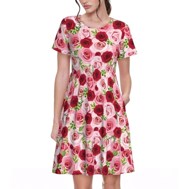 Easygdp Rose Flowers para Vestido Transpirable de Mujer, Vestido Suelto de Manga Corta con Pliegues y Bolsillos para el Verano
