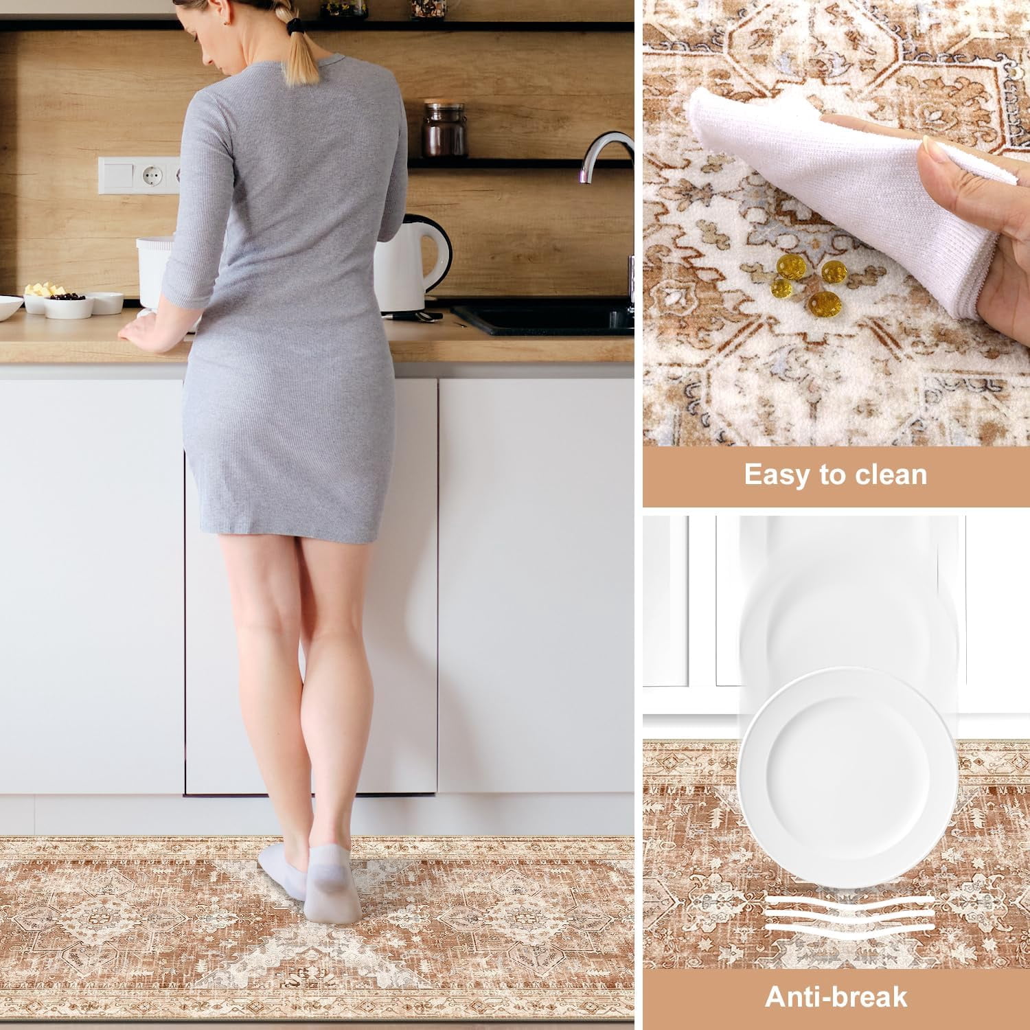 Boho Washable Kitchen Rugs Sets of 3, Non Slip Kitchen Mats for Floor with Rubber Backing, Waterproof & Stain Resistant Thick Carpet Runner Throw Rugs for Kitchen, Laundry Room, Hallway