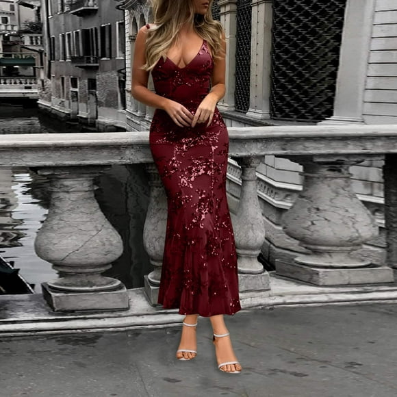 Nuoqisi Women's Sequin Mesh Slim Fit Train Sexy Backless Gown Long Dress Sleeveless V-Neck - Sparkling Floor-Length Evening Silhouette with Sheer Detail for Red Carpet