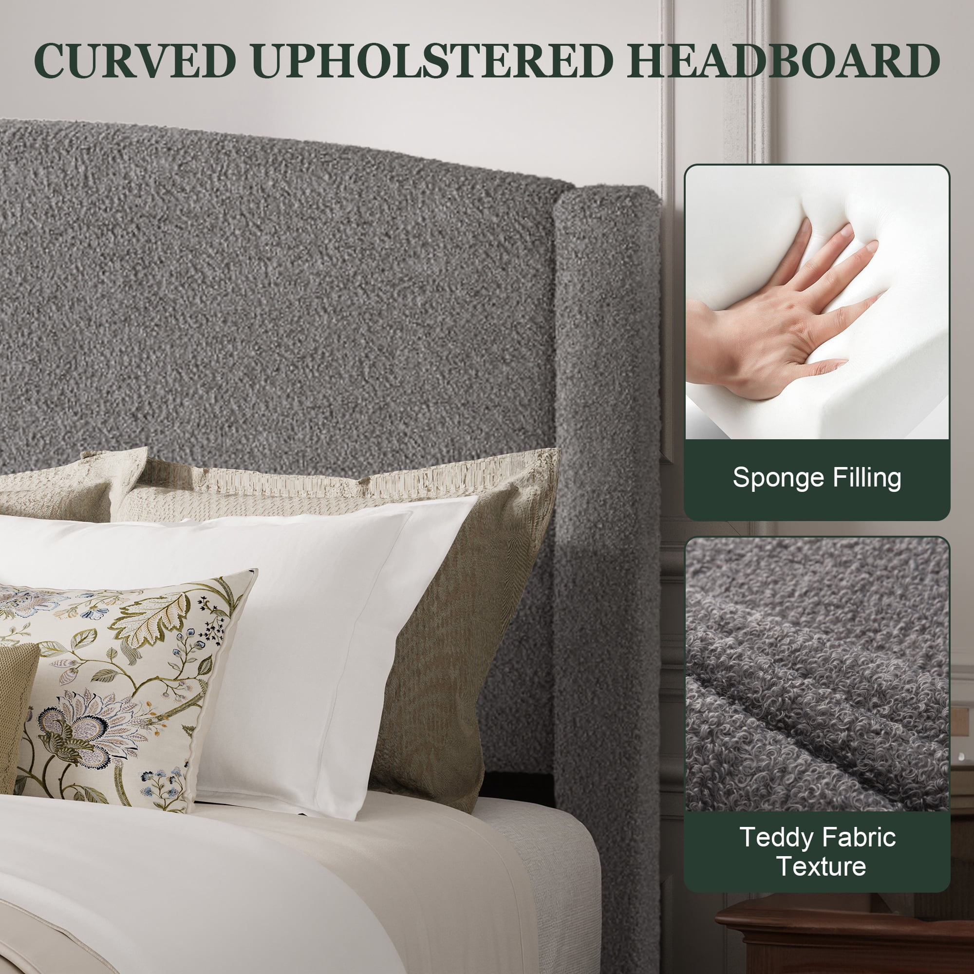Amolife King Bed Frame, Platform Upholstered Bed with Soft Teddy Fabric Curved Headboard, Grey