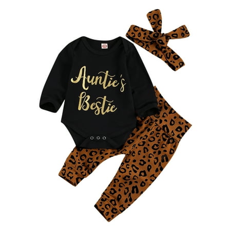 

Kiapeise Three Piece Baby Girl’s Clothes Fashion Letter Long Sleeve Jumpsuit and Leopard Long Pants with Headband