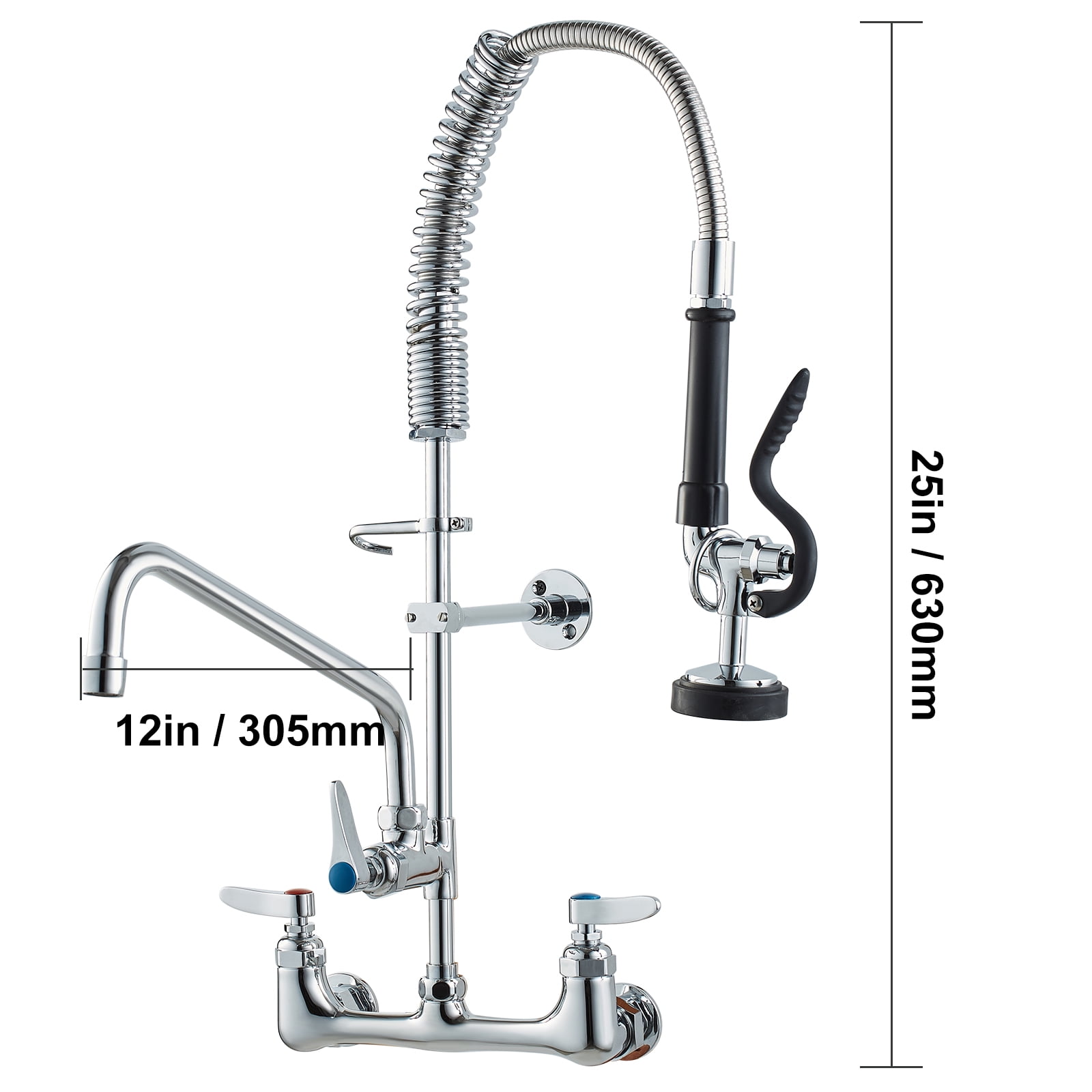 VEVOR Wall-Mounted Kitchen Faucet, 25" Tall, 8" Center Distance, 12" Rotatable Spout, Includes Pre-Rinse Spray, Brass Build, Pull-Down Feature, Suitable for Multi-Compartment Sinks