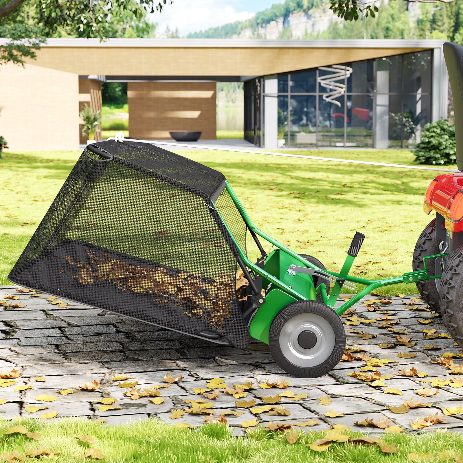 48-Inch Tow-Behind Leaf Collector, 26 Cubic Feet Hopper Lawn Sweeper with 4 Nylon Brushes, Universal Hitch for Lawn Tractors, Black