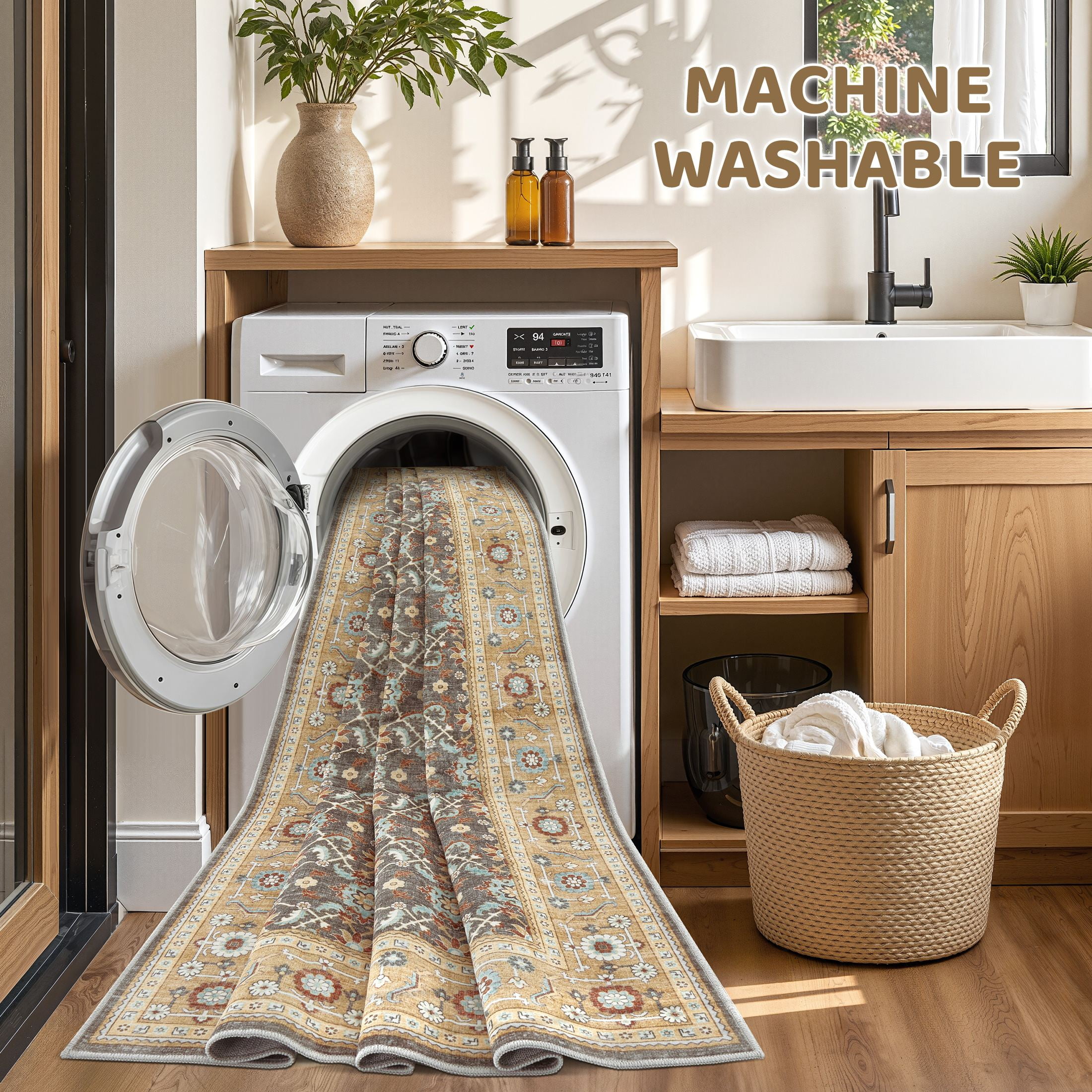 UERMEI 5'x7' Washable Area Rugs for Living Room, Vacuum Friendly, Non-Silp Low-Pile Rug for Bedroom, Boho Home Decor Carpets, Brown