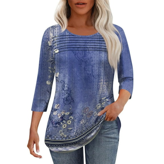 Blue Womens Tops Womens 3/4 Length Sleeve Tops Casual Summer Pleated Front T Shirts Round Neck Business Work Tunic Blouses Shirts for Women