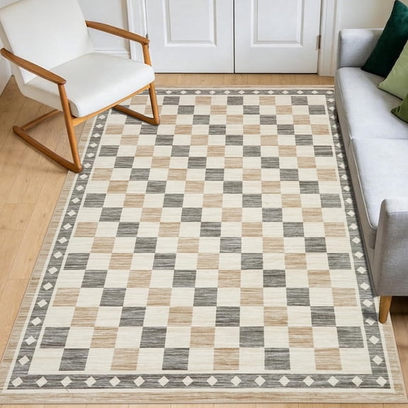 Memoryfield Checkered Area Rug 5' x 7', Washable, Non-Slip Low-Pile Carpet with Modern Geometric Design for Living Room, Bedroom & Dining Room, Beige
