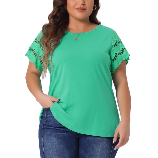 Agnes Orinda Blusas de Verano para Mujeres de Talla Grande con Panel de Encaje y Mangas Cortas Huecas 4X Verde Claro
