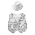 thumbnail image 3 of YONGHS Kids Boys Girls Sequin Vest Top Waistcoat and Hat Set Jazz Hip Hop Dance Performance Costume White 7-8, 3 of 7