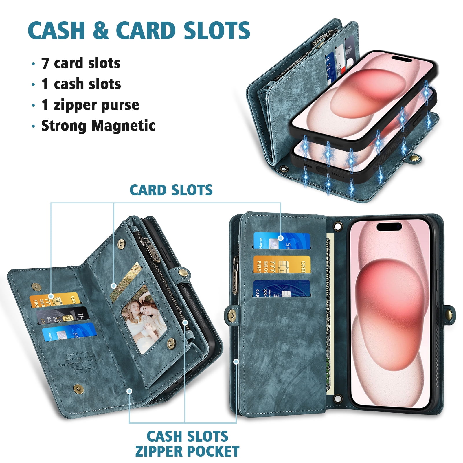 Asuwish Compatible with iPhone 15 6.1 inch Phone Case Zipper Wallet Detachable Tempered Glass Screen Protector Crossbody Lanyard Strap Flip Card Holder Cell Cover for i Phone15 i15 15Case Women Blue