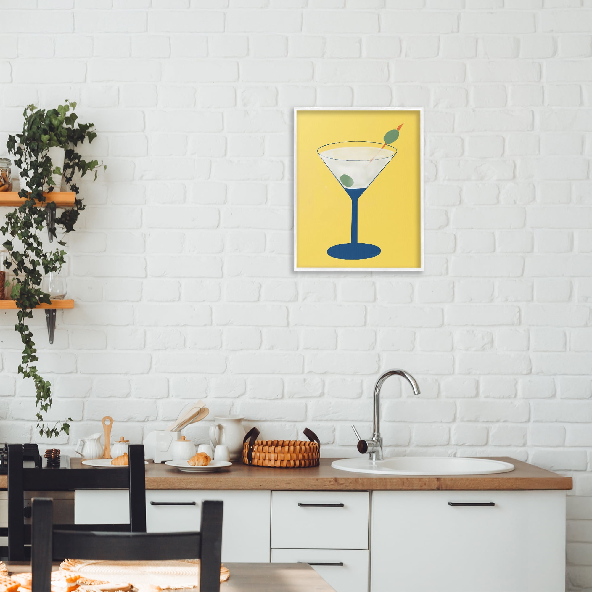 Stupell Industries Martini Glass over Yellow White Framed Giclee Art, design by Robin Maria
