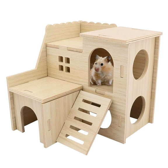 Hamster House Wooden Hideout for Small Animals Double-Decker Hut for Hamsters Gerbils and Guinea Pigs Cozy