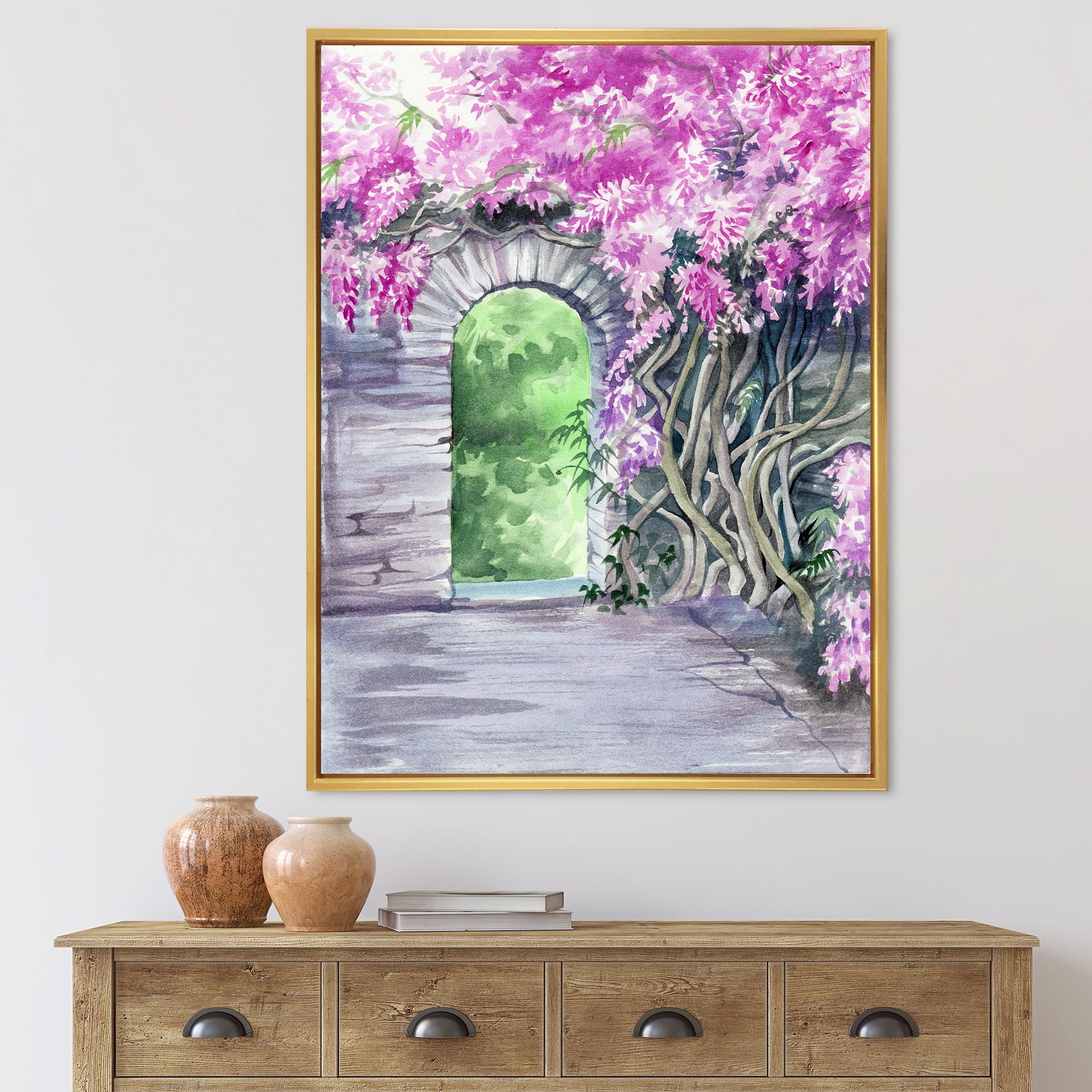 Designart 'Blossoming Purple Wisteria Garden Over The Wall' Traditional Framed Canvas Wall Art Print