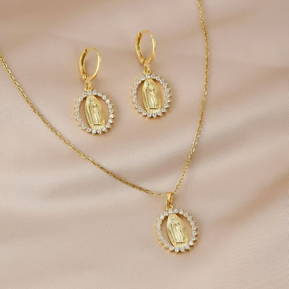 High-end Design Our Lady Series 14K Yellow Gold Necklace And Earrings Set For Women. Light Luxury Niche Jewelry