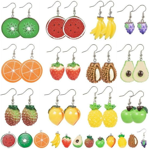 DIY 12 Pairs Resin Fruit Earrings Making Kit with Brass Earring Hooks Summer Strawberry Banana Earrings Jewelry Making Supplies for Women Beginners Mixed Color