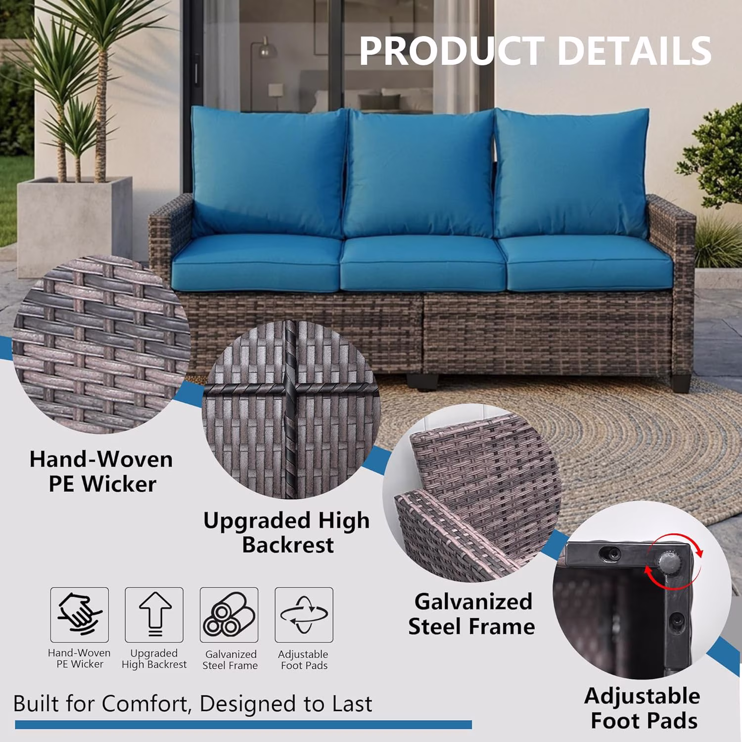 thumbnail image 4 of LAUSAINT HOME 3 Pieces Outdoor Patio Furniture, Outdoor Sectional Sofa Patio Furniture Sets Wicker Rattan Patio Conversation Sets with Cushion and Glass Table, Peacock Blue, 4 of 9