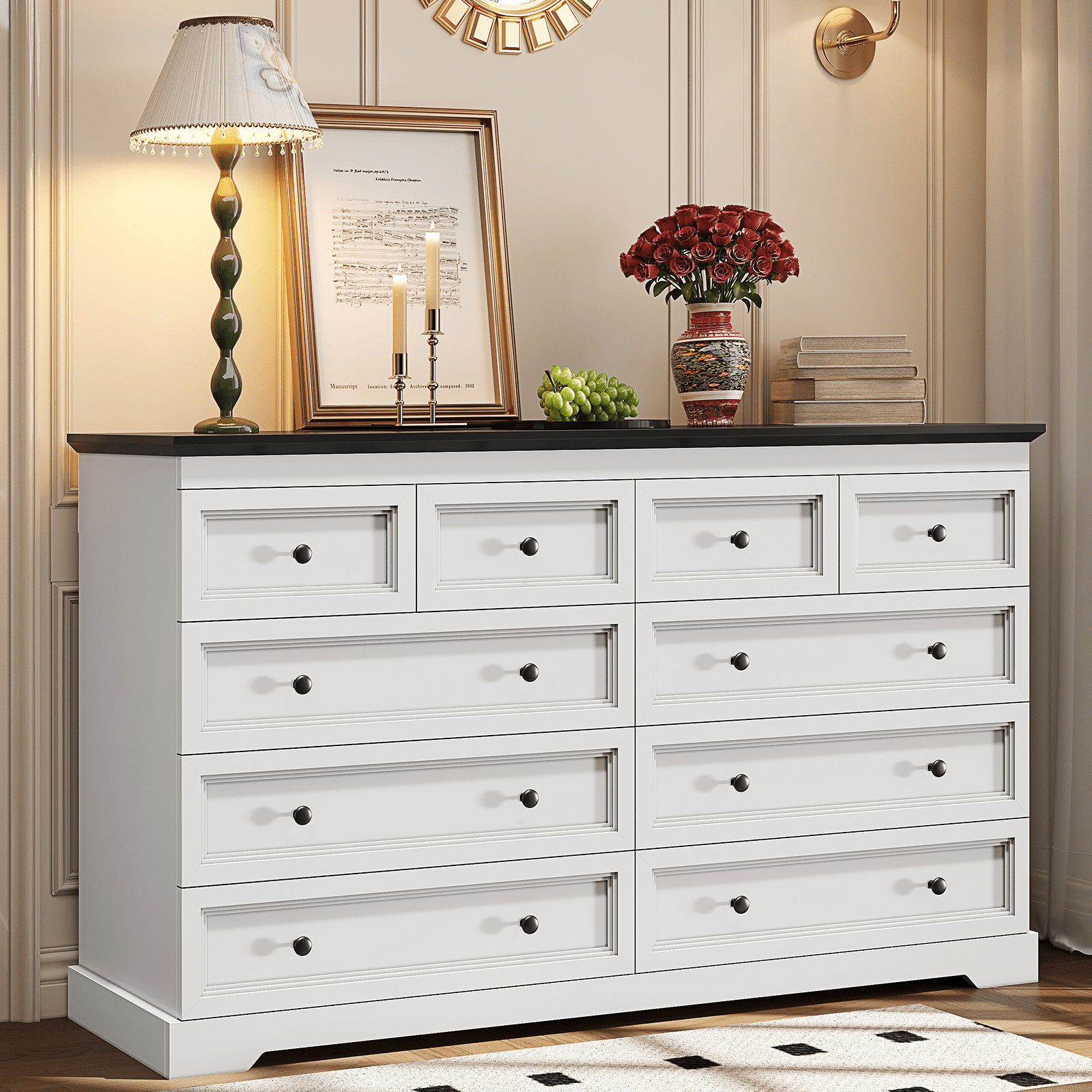 Plonmago 10 Drawers Dresser, 55" Large Drawers Dresser for Bedroom, Wood Dressers & Chest of Drawers for Living Room,White