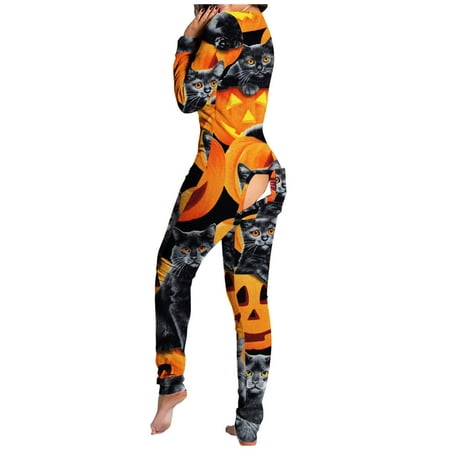 

Women Halloween onesies Jumpsuit for Button Down Print Butt Flap V Neck Romper Sleepwear