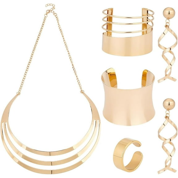 Bib Choker Necklace Set Gold Statement Necklaces Wide Cuff Bangle Bracelet Long Statement Dangle Earrings Adjustable Ring Long Statement Costume Jewelry Set Gift for Wife Daughter Her