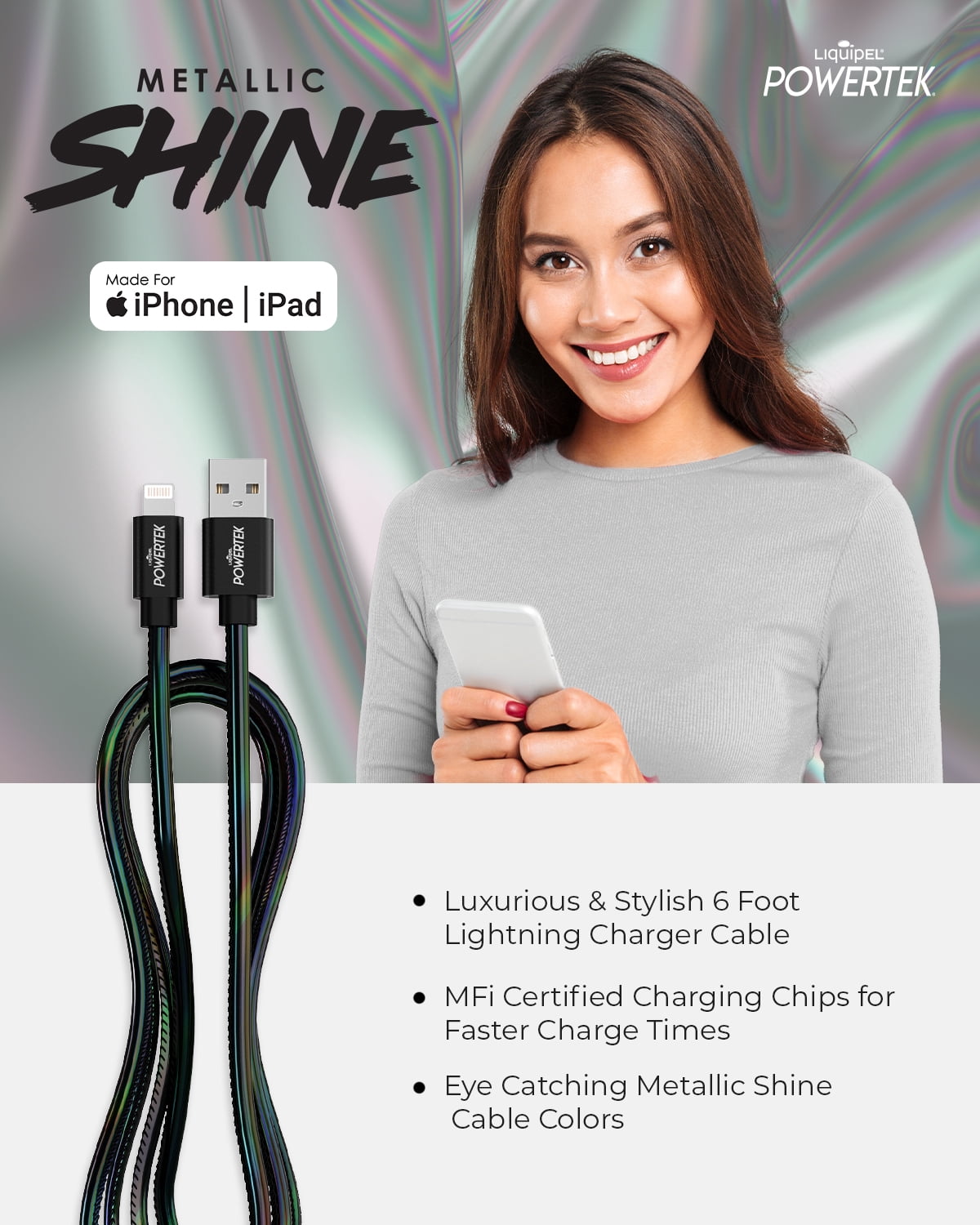 Powertek Powertek 6ft Metallic Shine Fast Charging Lightning Cable