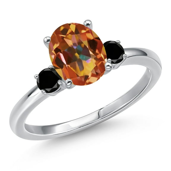 Gem Stone King 14K White Gold Ecstasy Mystic Topaz and Black Diamond Engagement Ring for Women | 2.20 Cttw | Oval 9X7MM | Gemstone November Birthstone | Size 7