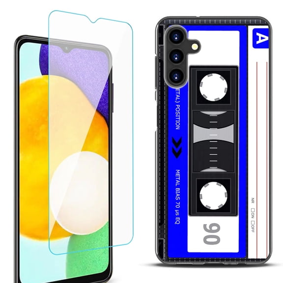 Slim-Fit Protective Fashion Phone Case (Black) for Samsung Galaxy A13 5G, with Tempered Glass Screen Protector, by OneToughShield ® - Cassette Blue