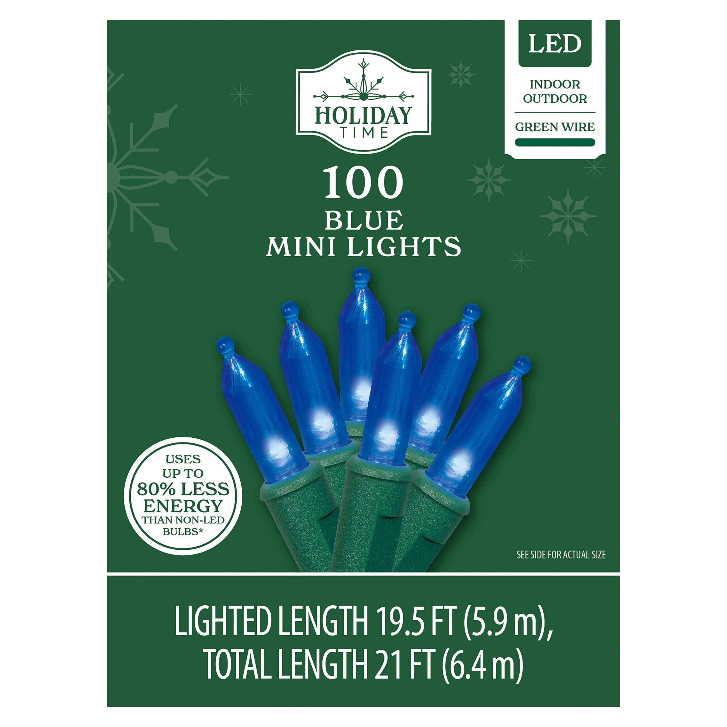 Indoor/Outdoor 100-Count LED Mini Christmas String Lights, Blue, Green Wire, 19.5', by Holiday Time