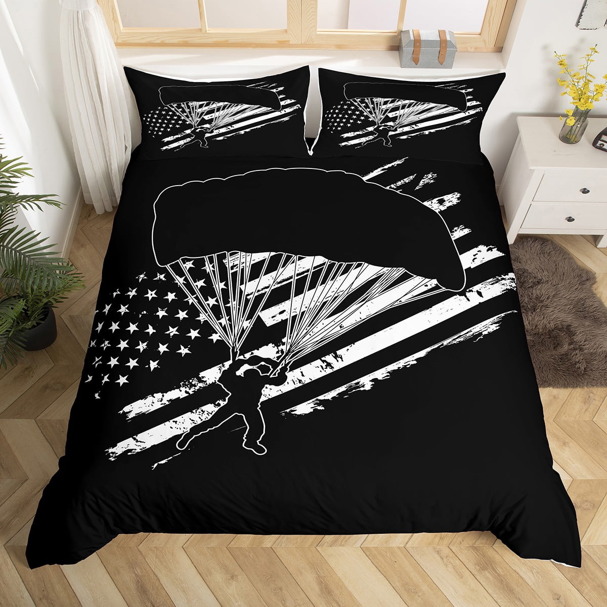 Parachute Duvet Cover for Kids Teens Youth,Black White Extreme Sports
