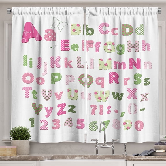 Ambesonne ABC Kitchen Curtains, Alphabet Letters with Ornaments, 55"x24", Pink Pastel Green Khaki