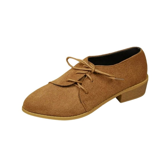 Brown Women'S Loafers Pointed Toe Low Heel Comfort Slip On Work Shoes Lace Up Solid Color Casual Dress Shoes Flats