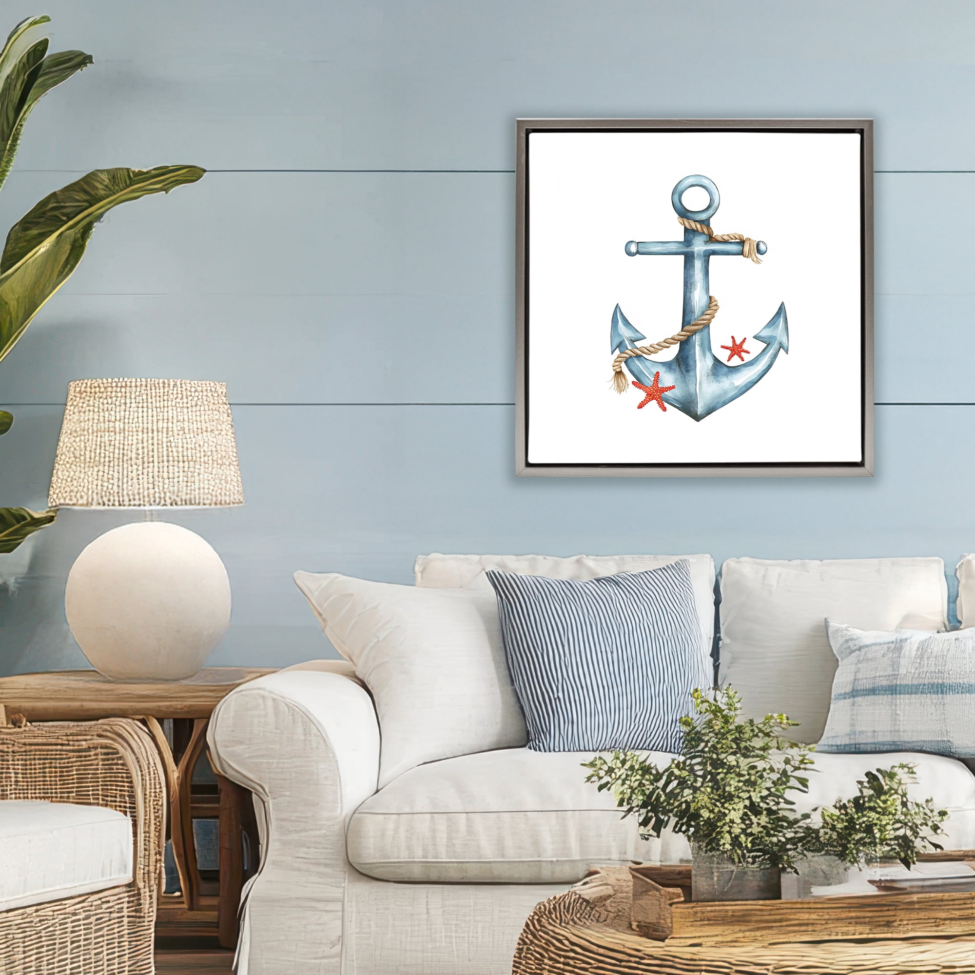 Stupell Industries Cute Sailor Anchor with Starfish Gray Framed Floater Canvas Wall Art, design by LSR Design Studio