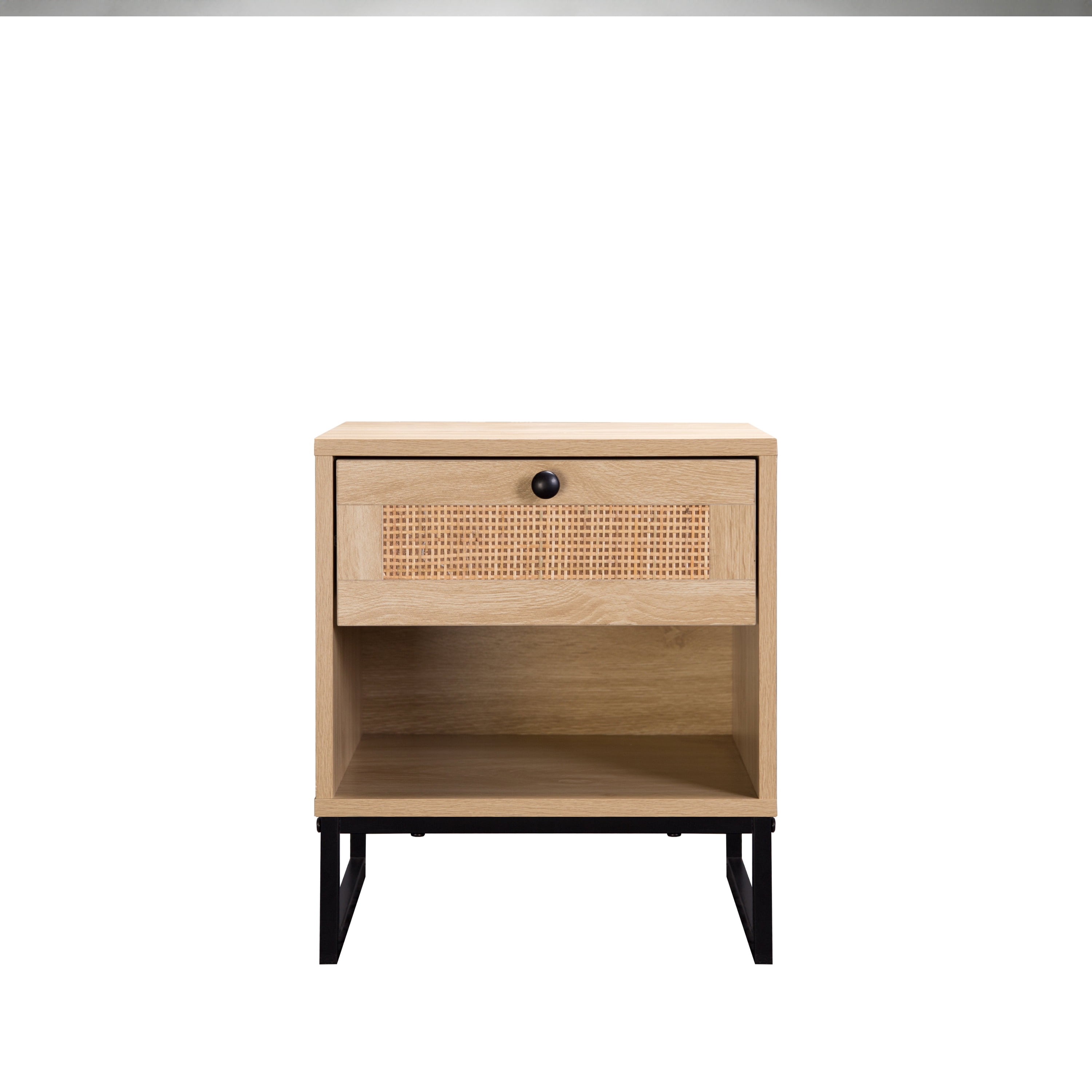Birch Coastal Modern Side Table with Drawer Natural Wood Top with Black Metal Legs