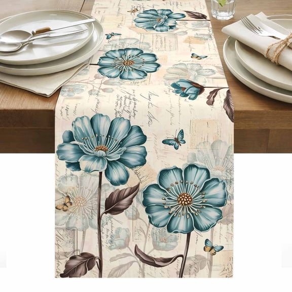 Blue Tulip Table Runner - 72 Inch Long, Kitchen Dining Table Runner Dresser Scarves, Vintage Flowers Leaves Butterfly Botanical Farmhouse Decor for Coffee Tables Wedding Party Banquet