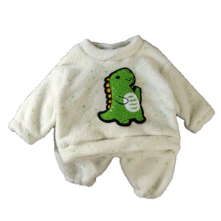 Rggeeun Boys Child Set Cute Dinosaur Pattern Long Sleeve Crew Neck Thermal Pajama Winter Loungewear Two Piece Cozy Home Wear Kids Sleepwear Soft Comfortable Lovely Outfit Light Green 7-8 Years