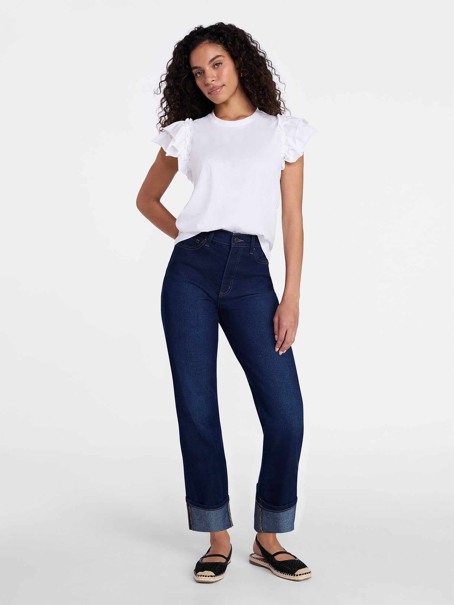 Time and Tru Women's Cotton Crewneck Tee with Ruffle Flutter Sleeves, Sizes XS-XXXL
