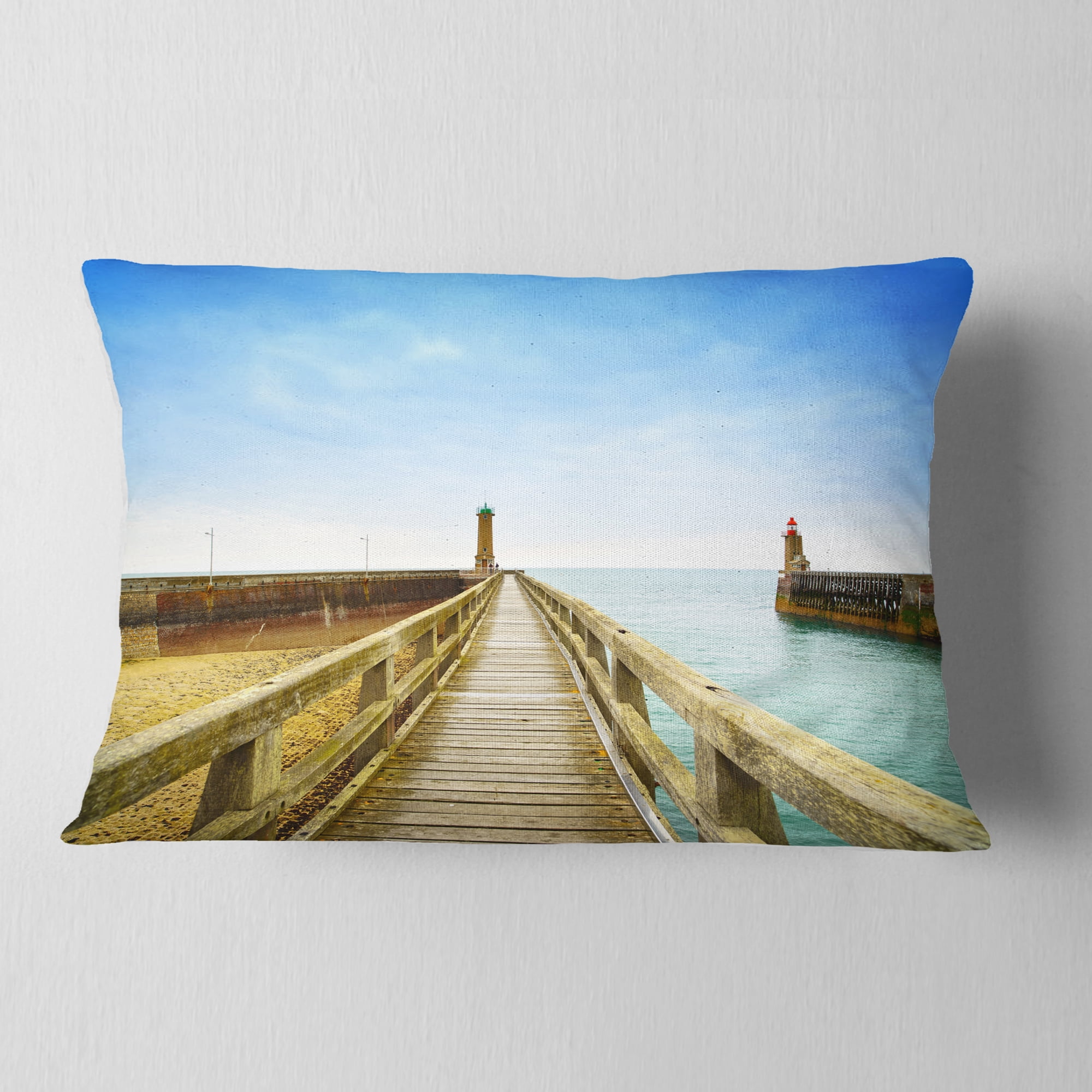 Designart Pier and Lighthouse France - Seascape Throw Pillow - 12x20