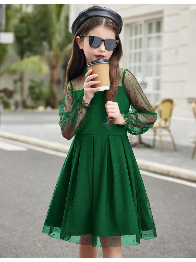Oudiya Girls Mesh Puff Lantern Long Sleeve Green Dress Mock Neck Formal Party A Line Short Tulle Dress, Girl's, Size: 7-8